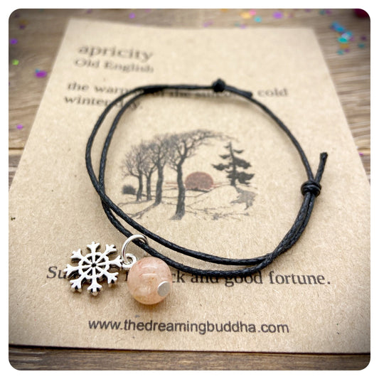 Good Luck Bracelet, Snowflake Bracelet, Sunstone Crystal Gift, Good Fortune Stocking Filler, December Birthday Card