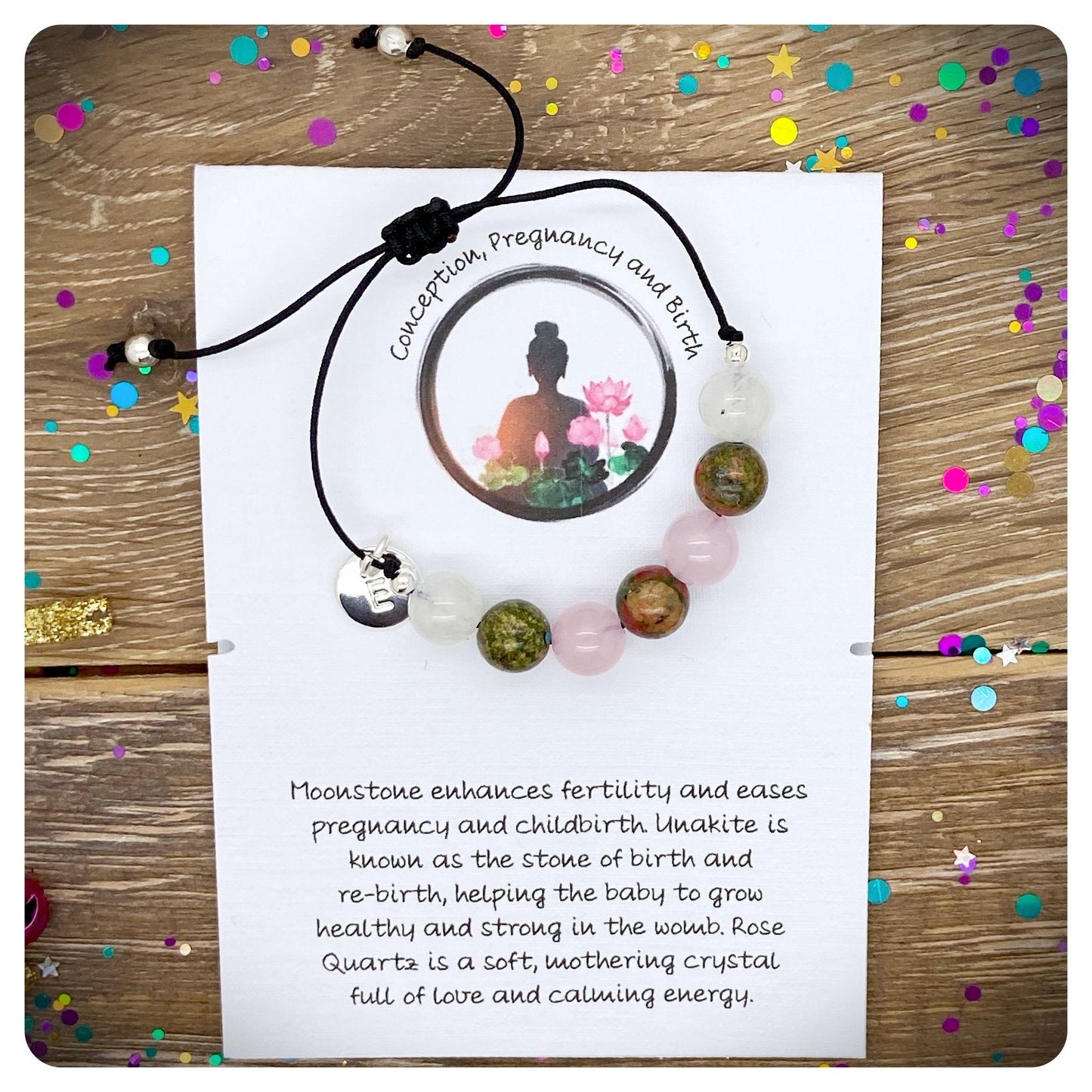 Conception & Healthy Pregnancy Crystal Bracelet, Adjustable Unakite Rose Quartz Moonstone