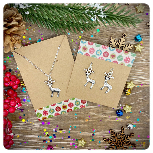 Christmas Reindeer Jewellery Set, Holiday Jewellery Gift For Her, Nature Lover Xmas Gift, Earring and Necklace Set
