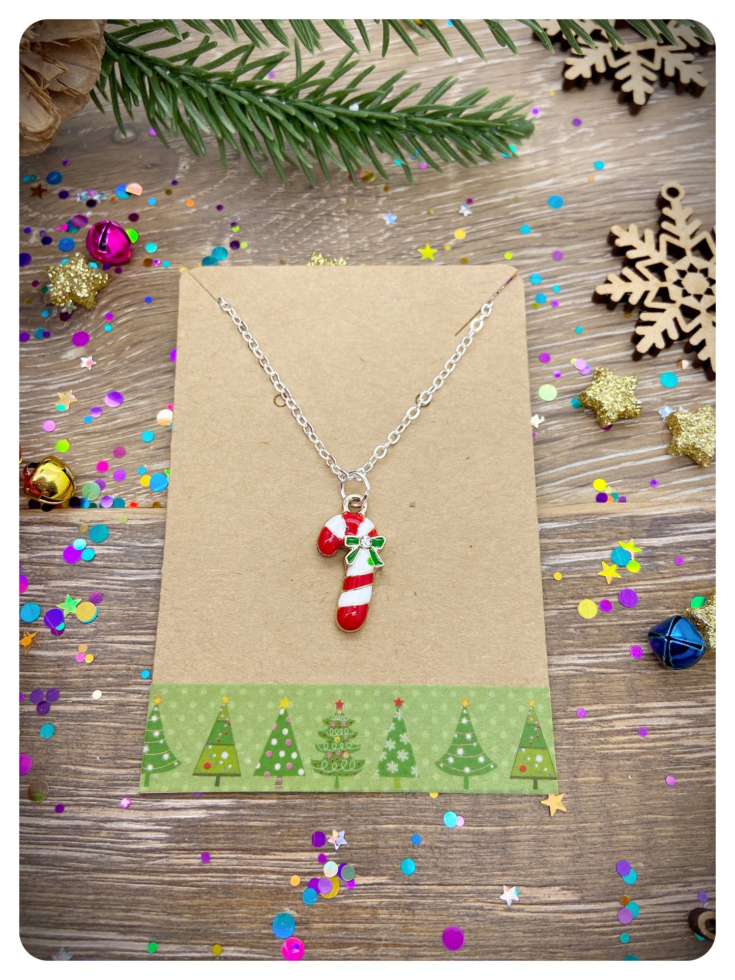 Diamanté Candy Cane Pendant Necklace, Novelty Christmas Jewellery, Cute Secret Santa Gift, Xmas Stocking Filler, Enamel Candy Cane Jewelry
