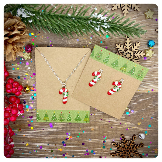 Candy Cane Necklace & Earrings Set, Novelty Christmas Jewellery Set, Stocking Filler Jewellery, Xmas Candy Cane Necklace Gift