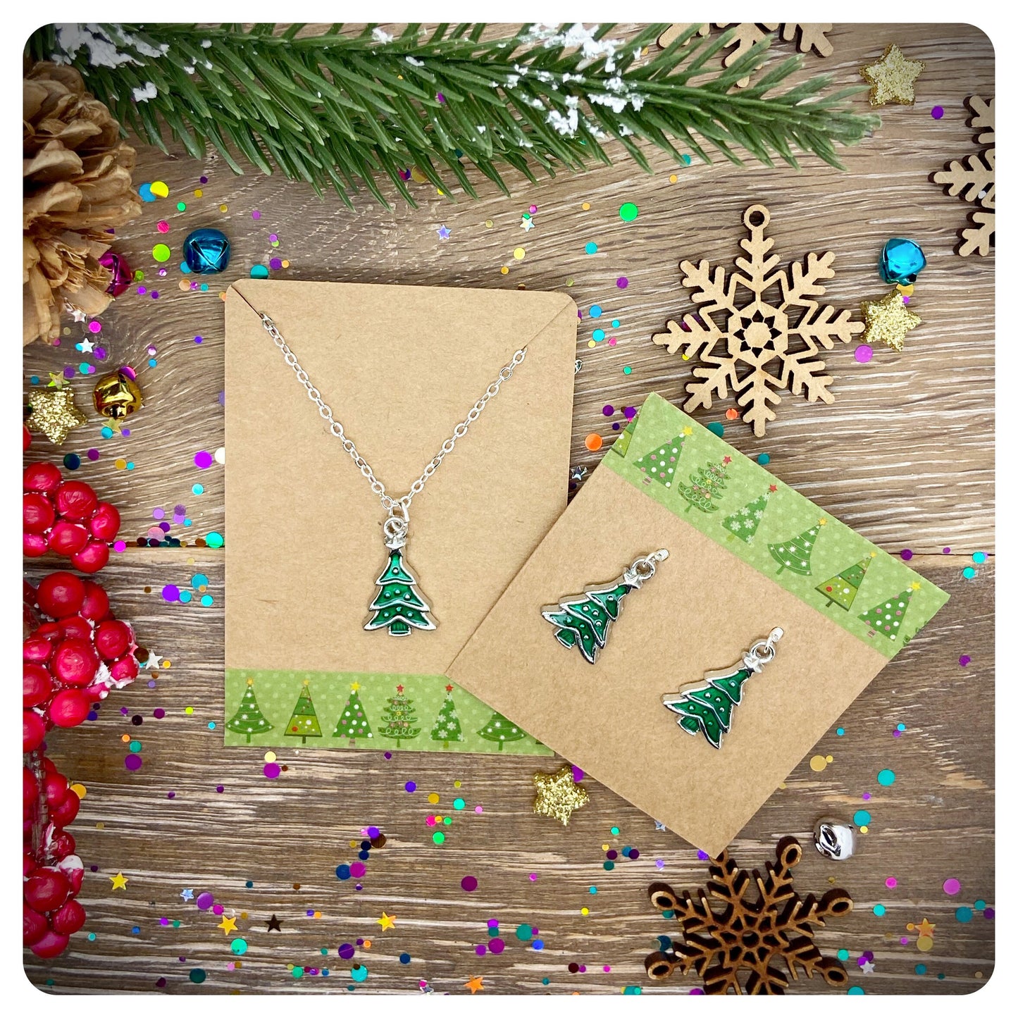 Christmas Tree Necklace & Earrings Set, Novelty Vintage Style Christmas Jewellery Set, Stocking Filler Jewellery, Xmas Tree Necklace Gift