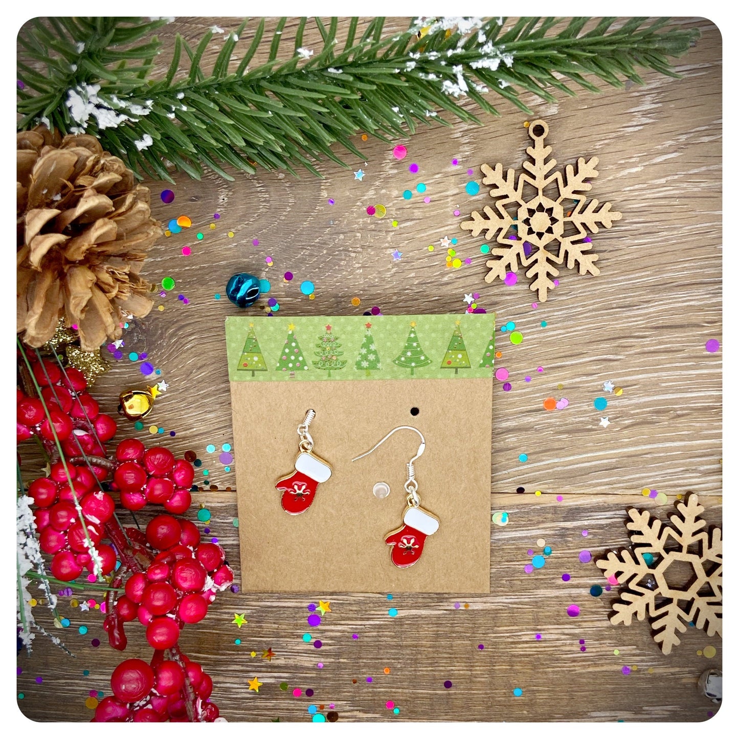 Christmas Mittens Dangle Earrings, Red Gloves Festive Jewellery, Cute Stocking Filler, Enamel Charm Drop Earrings