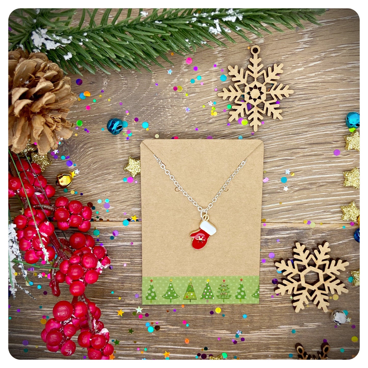 Christmas Mittens Pendant Necklace, Personalised Christmas Jewellery, Enamel Glove Pendant, Xmas Stocking Filler