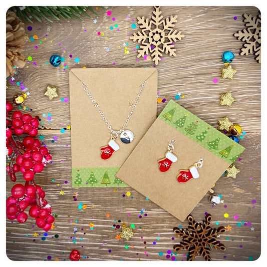 Christmas Mittens Jewellery Set, Mitten Earrings, Red Xmas Novelty Necklace Earring Set, Stocking Filler Gifts, Cute Xmas Jewellery