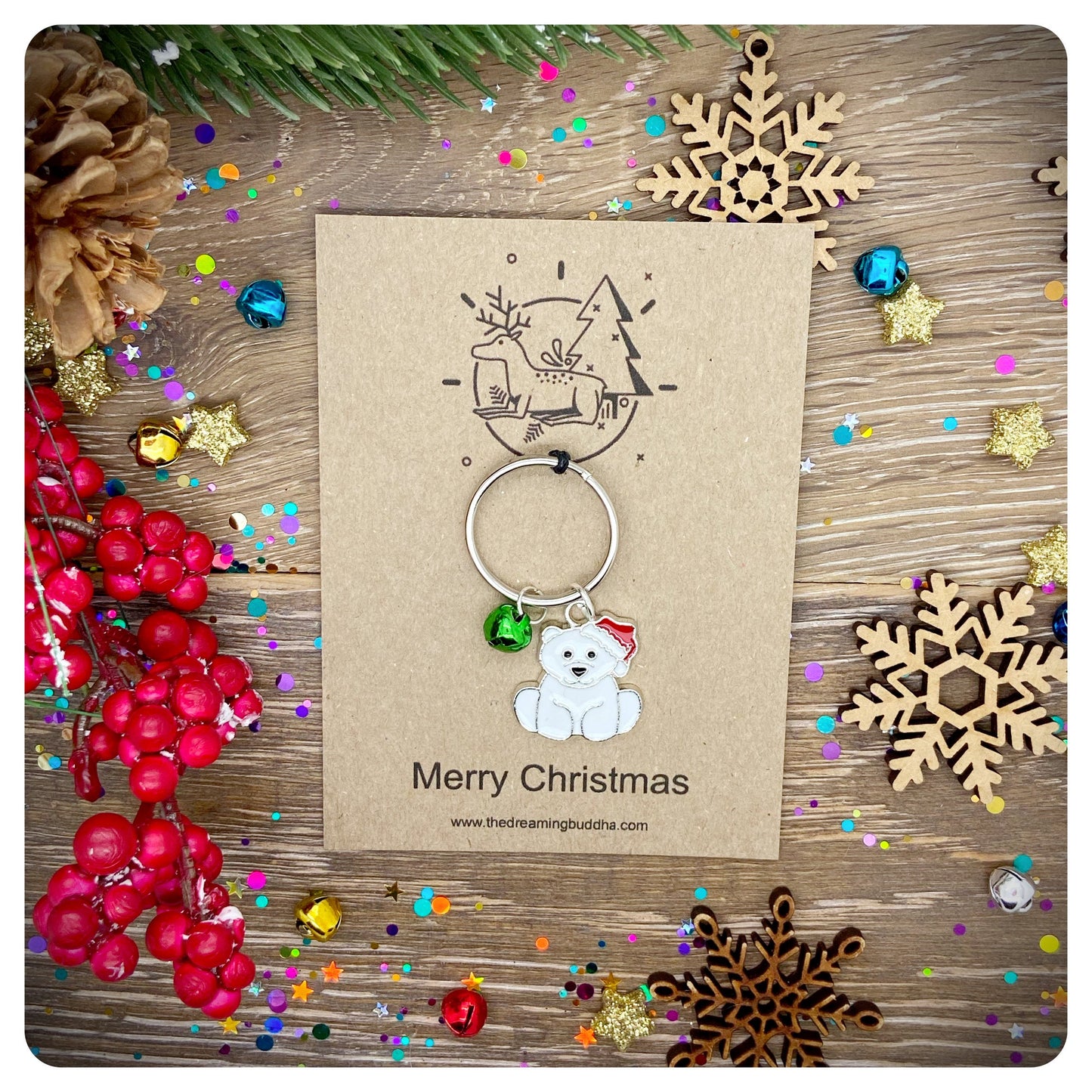 Christmas Bear Keychain, Personalised Xmas Keyring, Enamel Polar Bear Keychain, Novelty Christmas Key ring, Stocking Filler Key chain