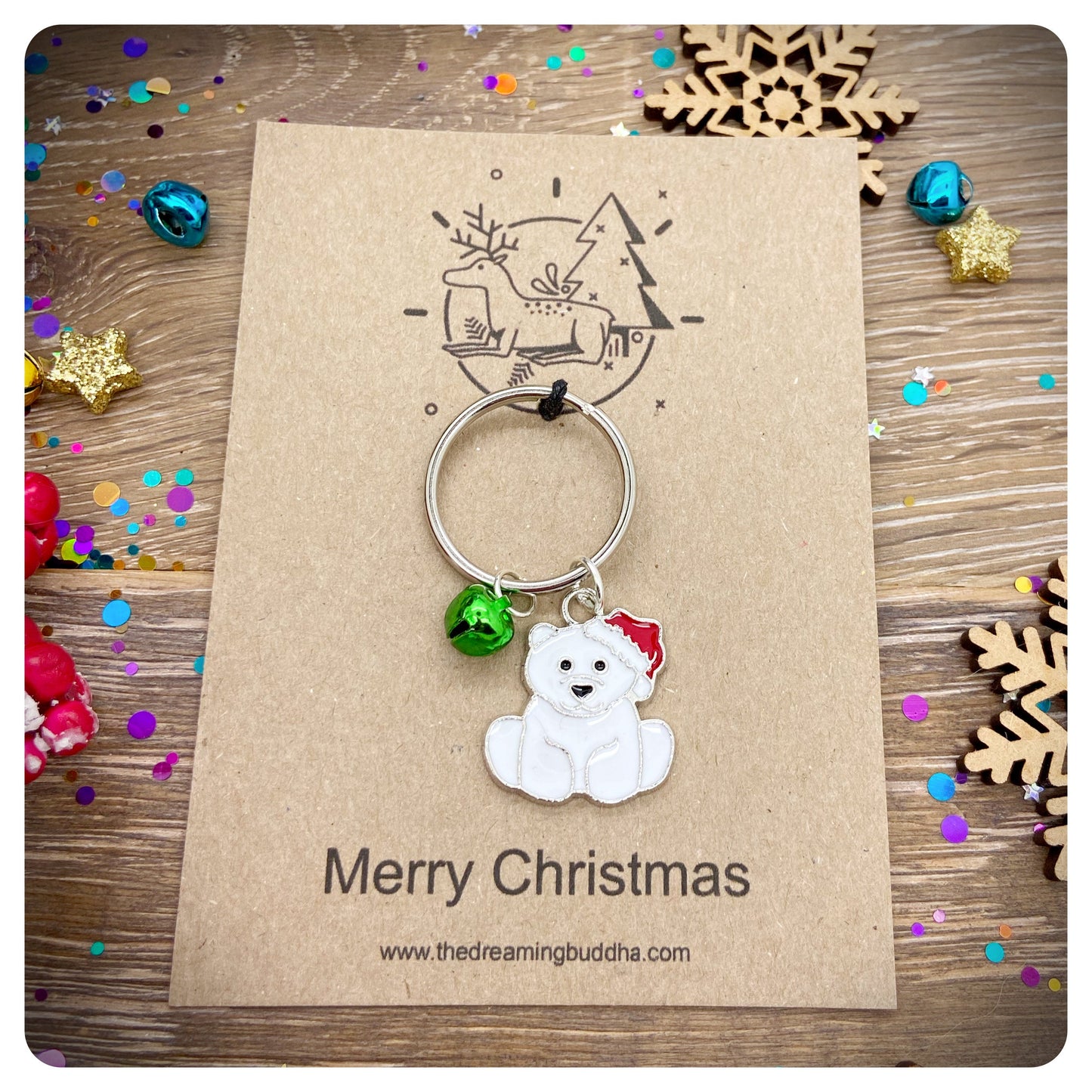 Christmas Bear Keychain, Personalised Xmas Keyring, Enamel Polar Bear Keychain, Novelty Christmas Key ring, Stocking Filler Key chain