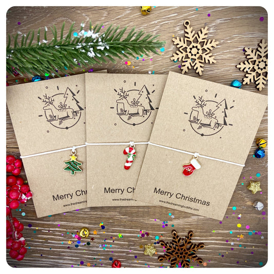 3 x Merry Christmas Enamel Wish Bracelets, Candy Cane, Christmas Tree, Mittens