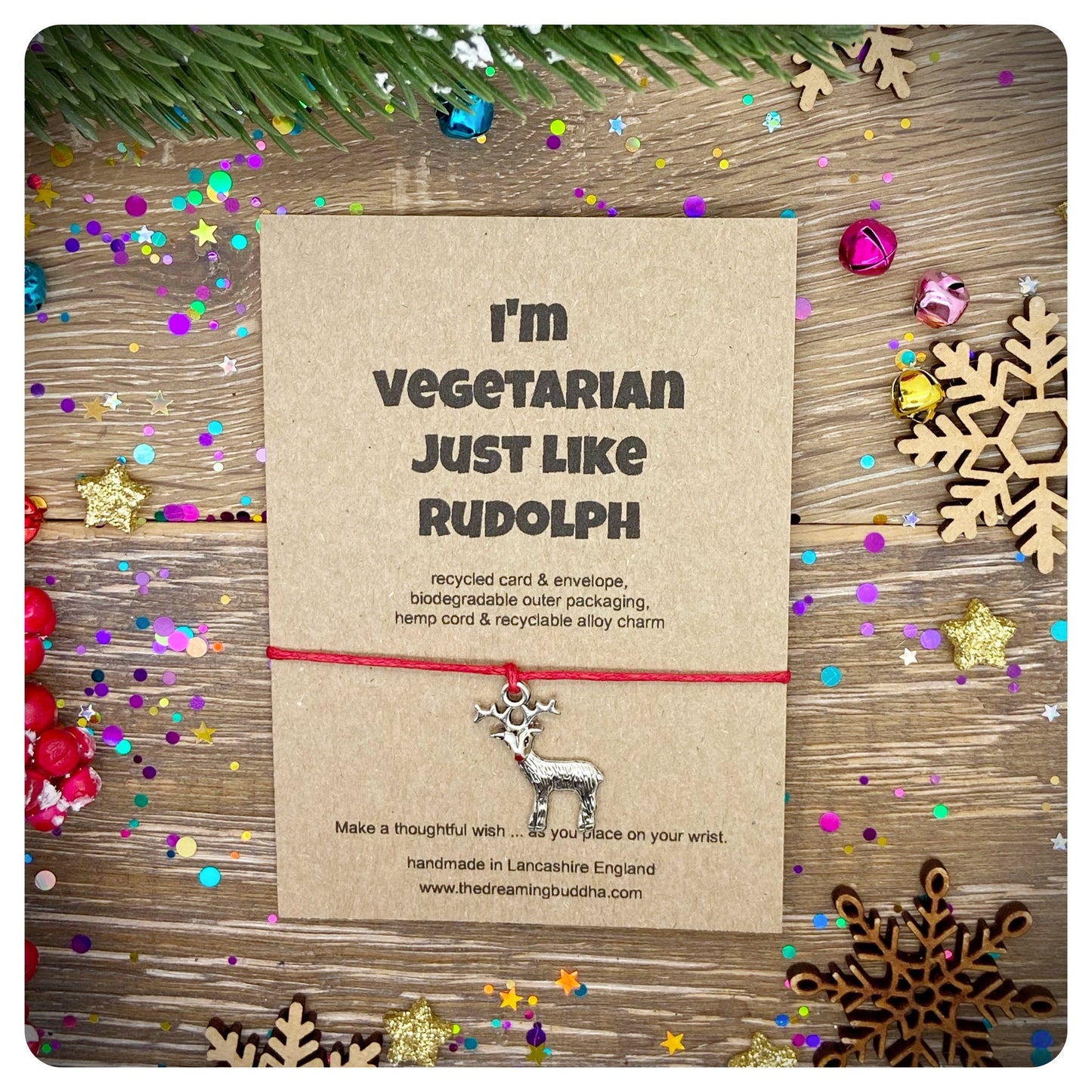 Vegetarian Christmas Wish Bracelet, Vegetarian Christmas Gift, Rudolph Wish Bracelet, Vegetarian Xmas Card, Vegetarian Just Like Rudolph
