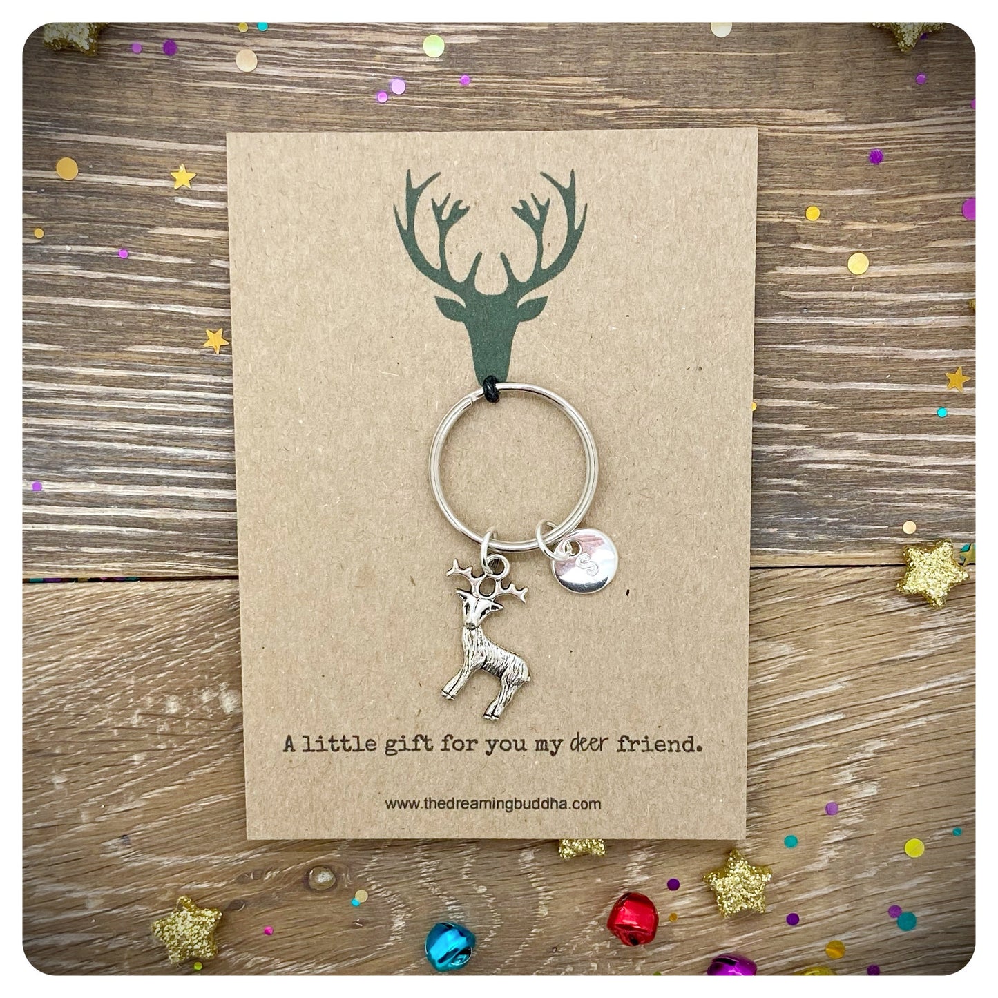 Silver Deer Stag Keyring Keychain, Deer To Me Pun Card, Personalised Initial Keychain, Wildlife Countryside Lover Gift