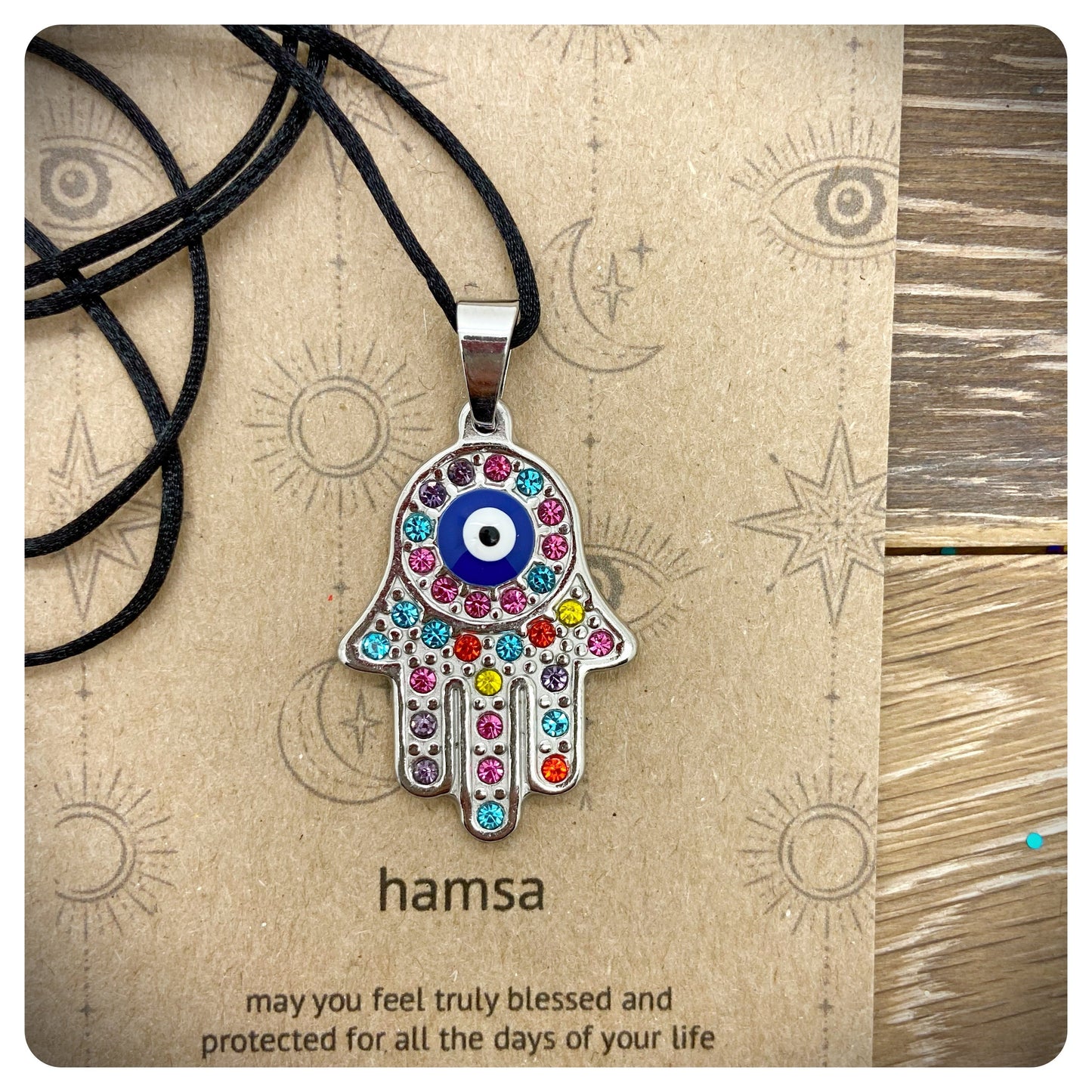 Rhinestone Hamsa Pendant Necklace, Greek Turkish Evil Eye Jewelry, Colourful festival Jewellery, Hamsa Hand Charm Necklace