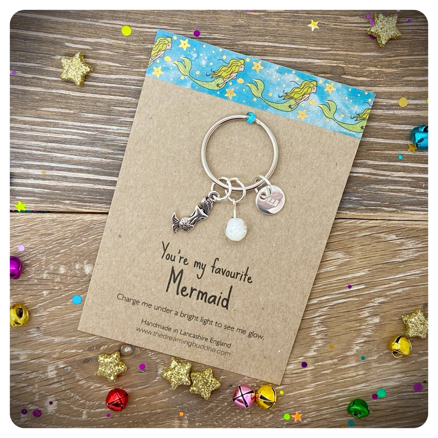 Personalised Mermaid Keychain, Mermaid Keyring With Glow In The Dark Glow Bead