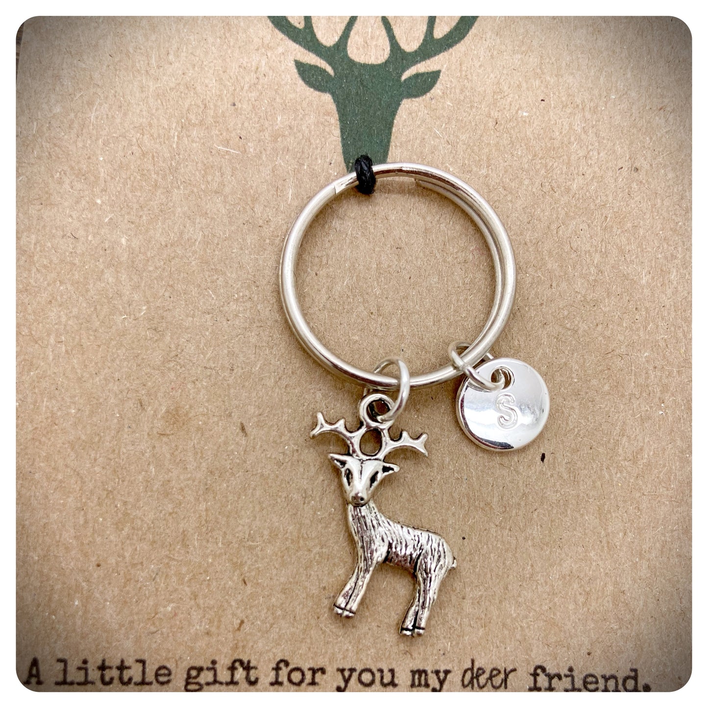 Silver Deer Stag Keyring Keychain, Deer To Me Pun Card, Personalised Initial Keychain, Wildlife Countryside Lover Gift