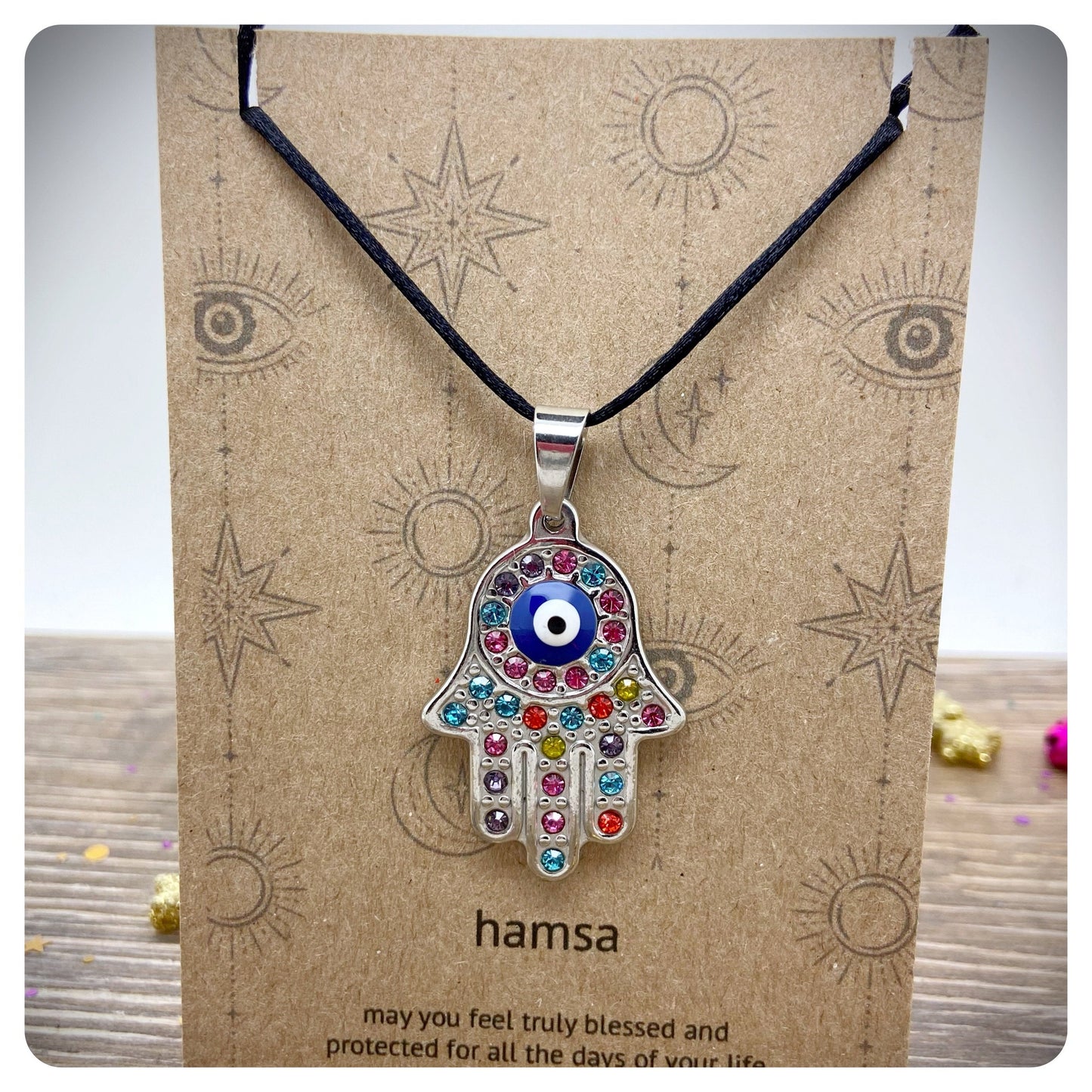 Rhinestone Hamsa Pendant Necklace, Greek Turkish Evil Eye Jewelry, Colourful festival Jewellery, Hamsa Hand Charm Necklace