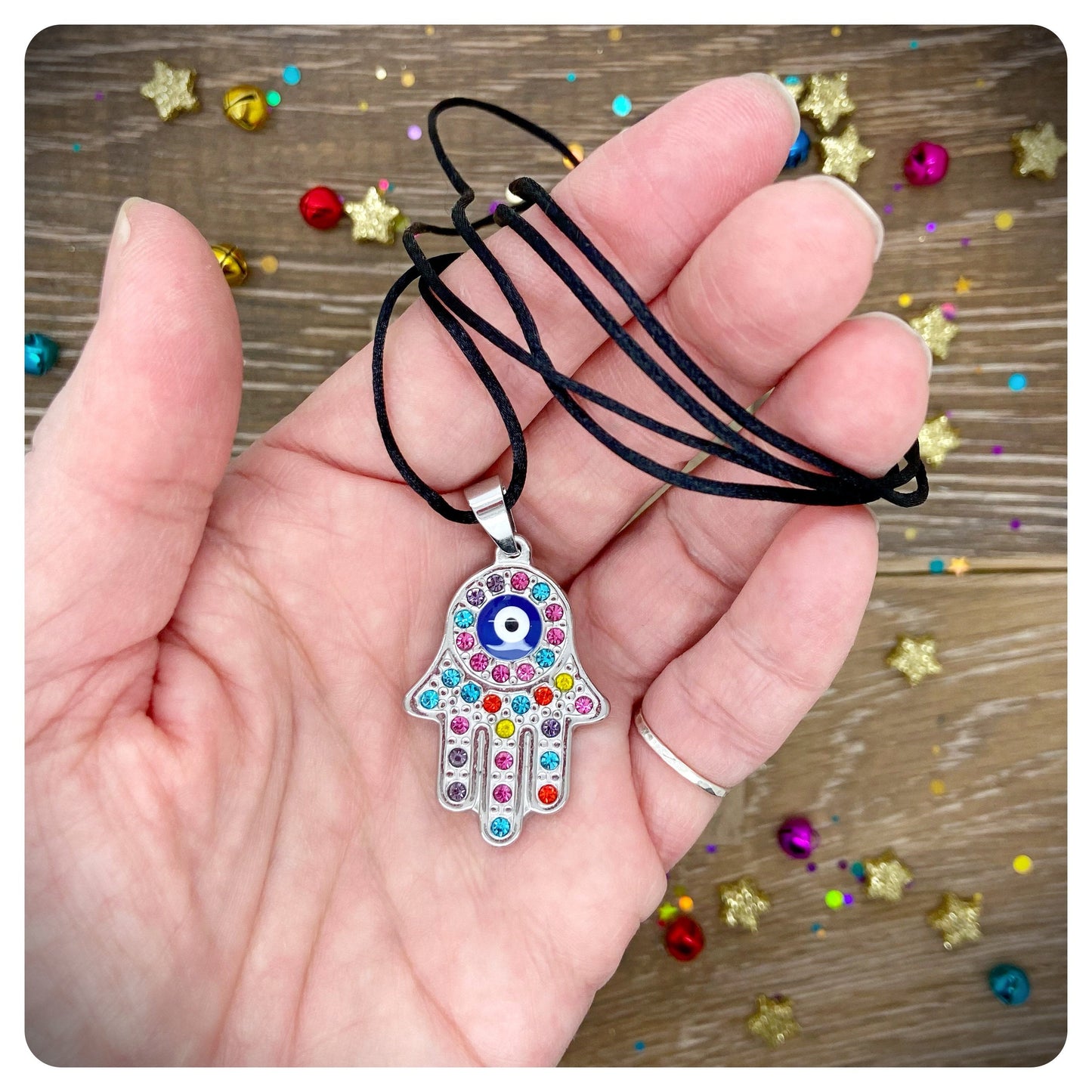 Rhinestone Hamsa Pendant Necklace, Greek Turkish Evil Eye Jewelry, Colourful festival Jewellery, Hamsa Hand Charm Necklace