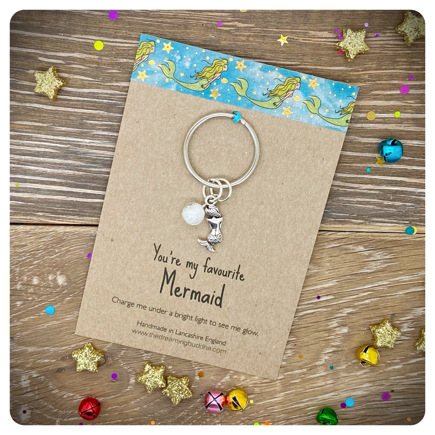 Personalised Mermaid Keychain, Mermaid Keyring With Glow In The Dark Glow Bead