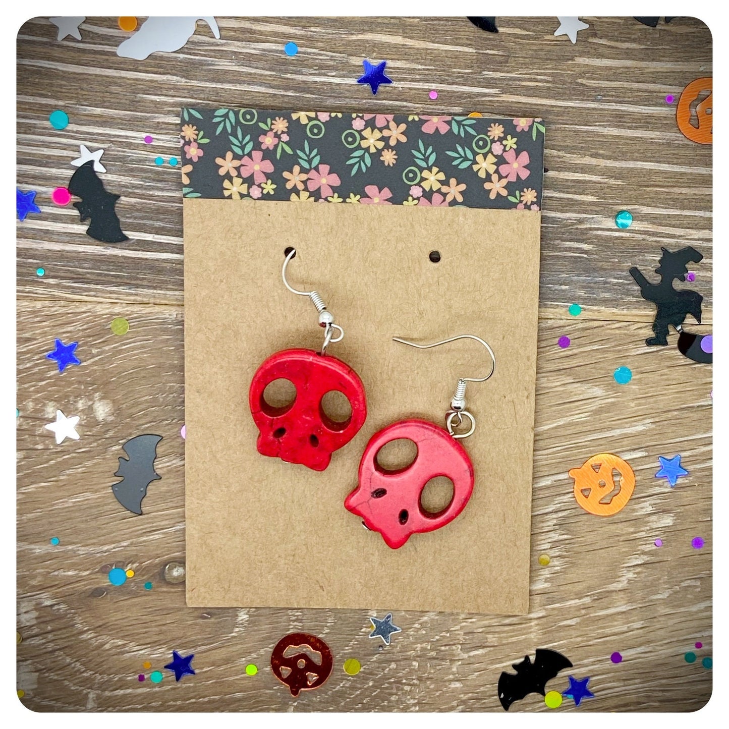 Halloween Candy Skull Earrings, Spooky Jewellery, Imitation Howlite Goth Gift