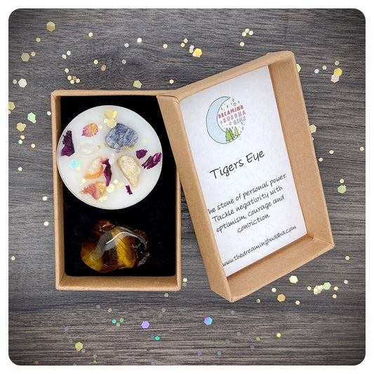 Tigers Eye Tumbled Gemstone & Healing Candle, Self Confidence Gift