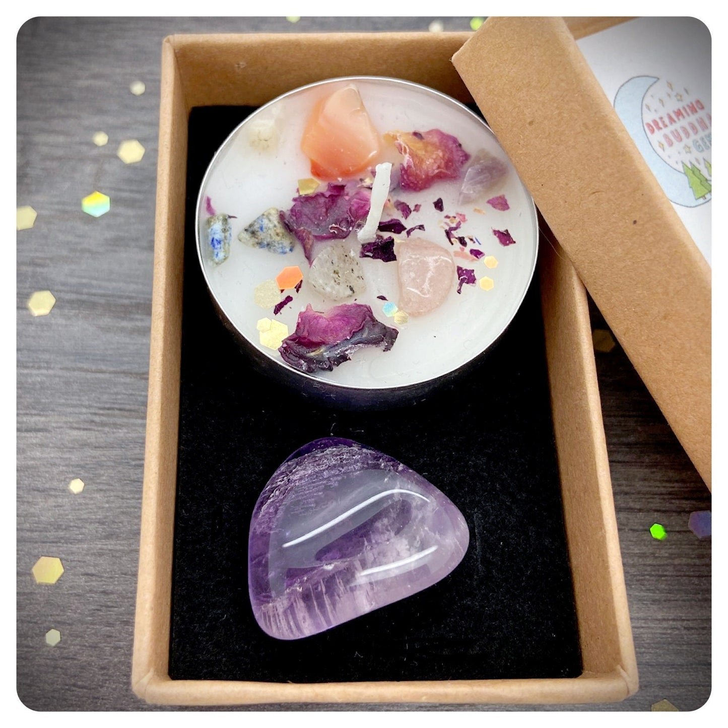 Purple Amethyst Gemstone & Healing Gift, Mixed Gemstone Tea Light