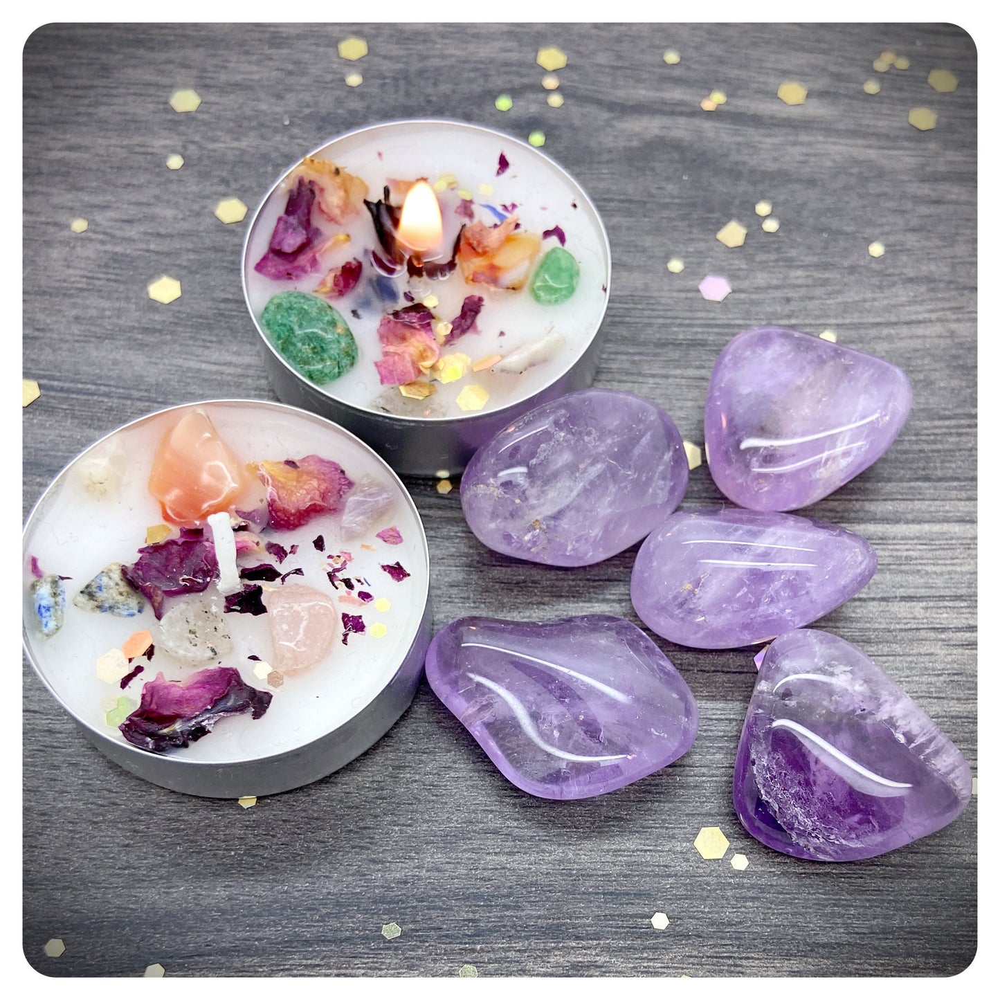 Purple Amethyst Gemstone & Healing Gift, Mixed Gemstone Tea Light
