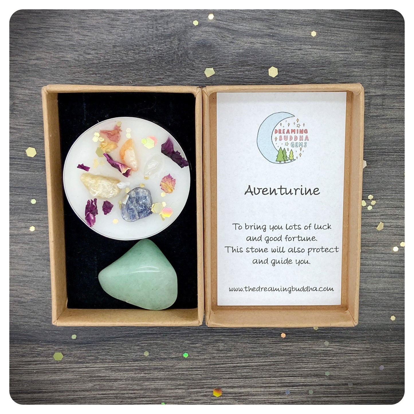 Aventurine Tumbled Gemstone & Healing Candle, Good Luck Gift