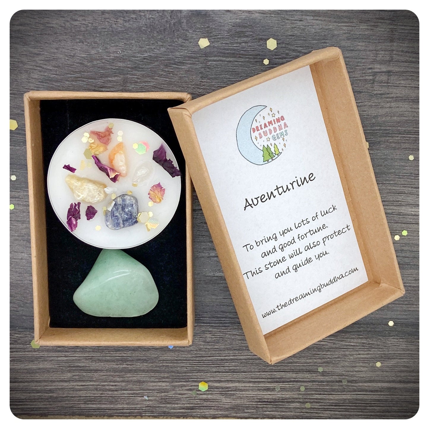 Aventurine Tumbled Gemstone & Healing Candle, Good Luck Gift