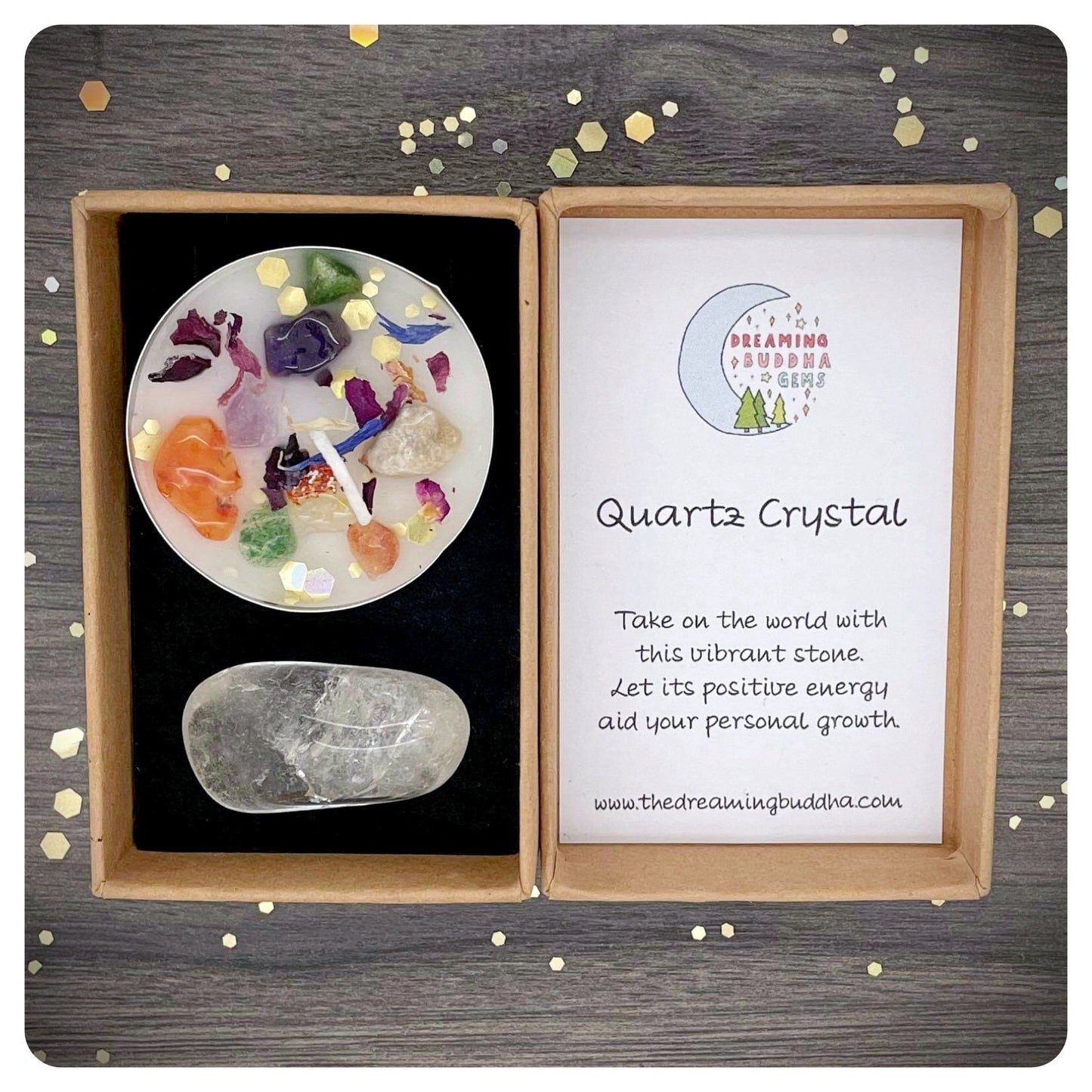 Clear Quartz Gemstone & Healing Candle, Positivity Gift