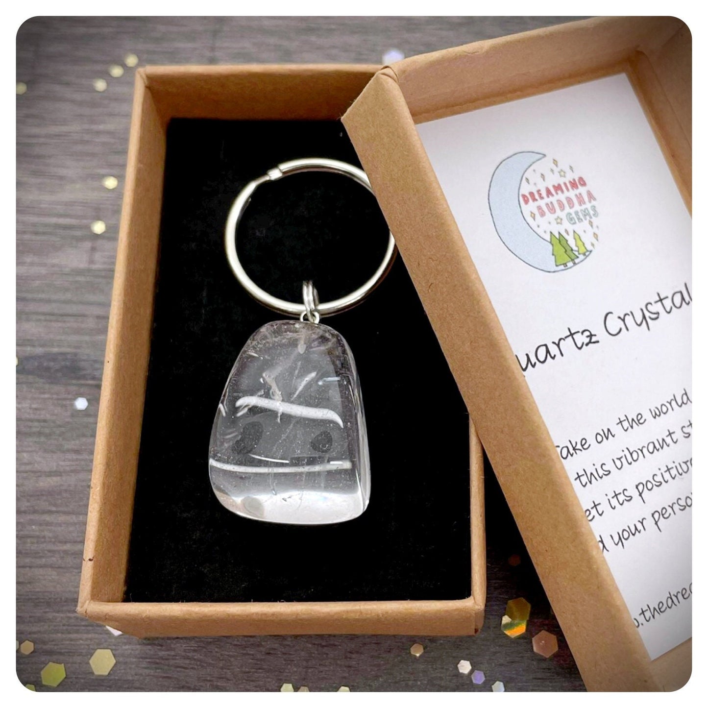 Clear Quartz Crystal Keyring, Personalised Positivity Keychain
