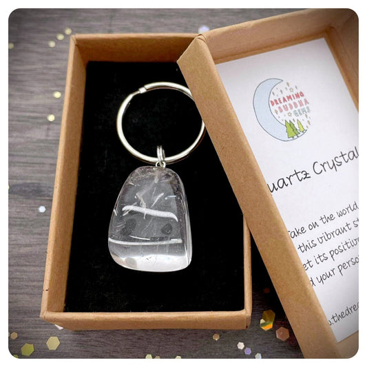 Clear Quartz Crystal Keyring, Personalised Positivity Keychain