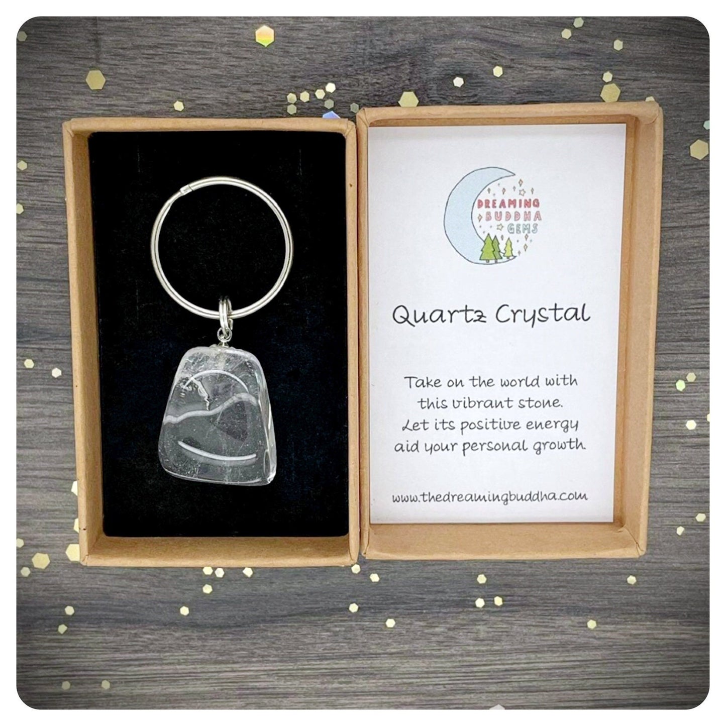 Clear Quartz Crystal Keyring, Personalised Positivity Keychain