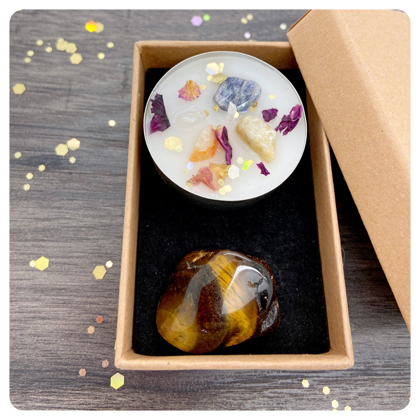 Tigers Eye Tumbled Gemstone & Healing Candle, Self Confidence Gift