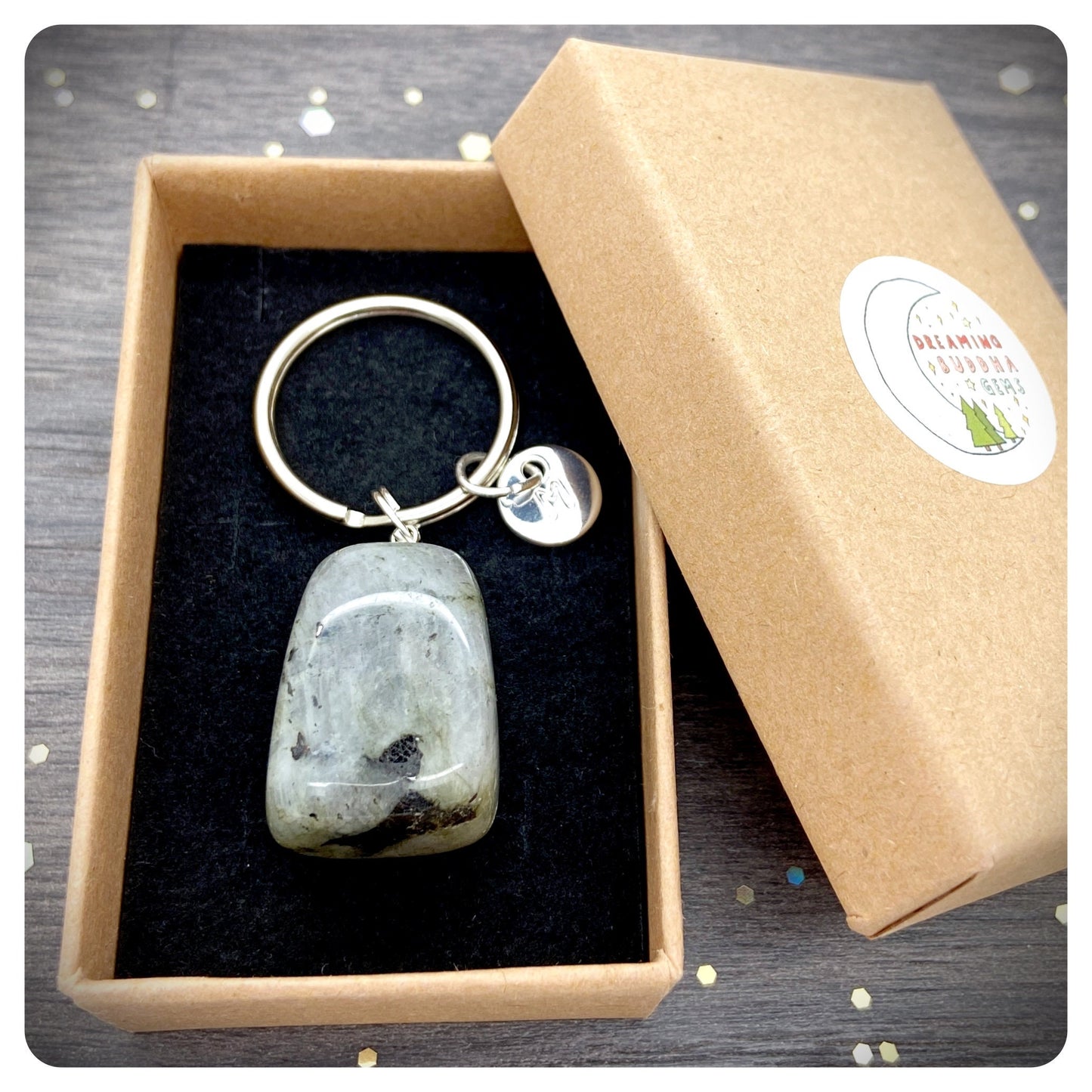 Labradorite Crystal Nugget Keyring, Personalised Determination Key Chain