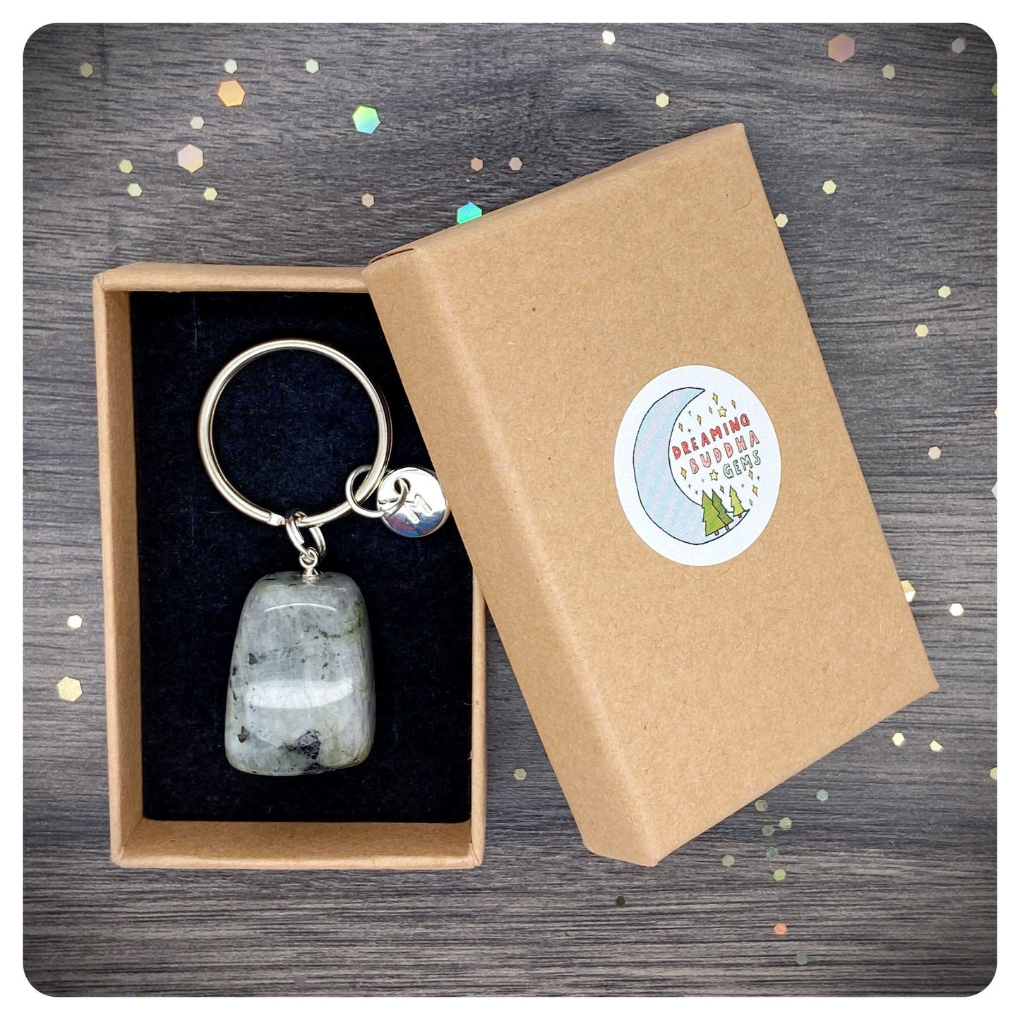 Labradorite Crystal Nugget Keyring, Personalised Determination Key Chain