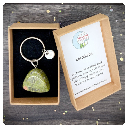 Unakite Crystal Keyring, Personalised Well-being Keychain