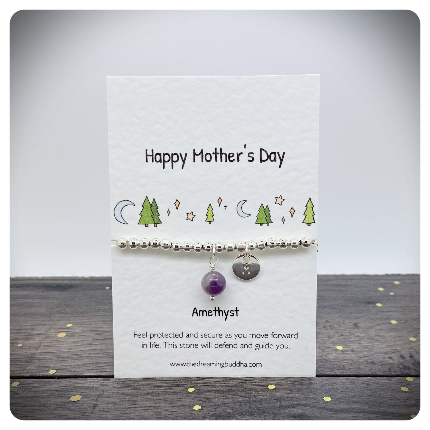 Mothers Day Card and Silver Stretch Bracelet, Personalised with Wire Wrapped Crystal