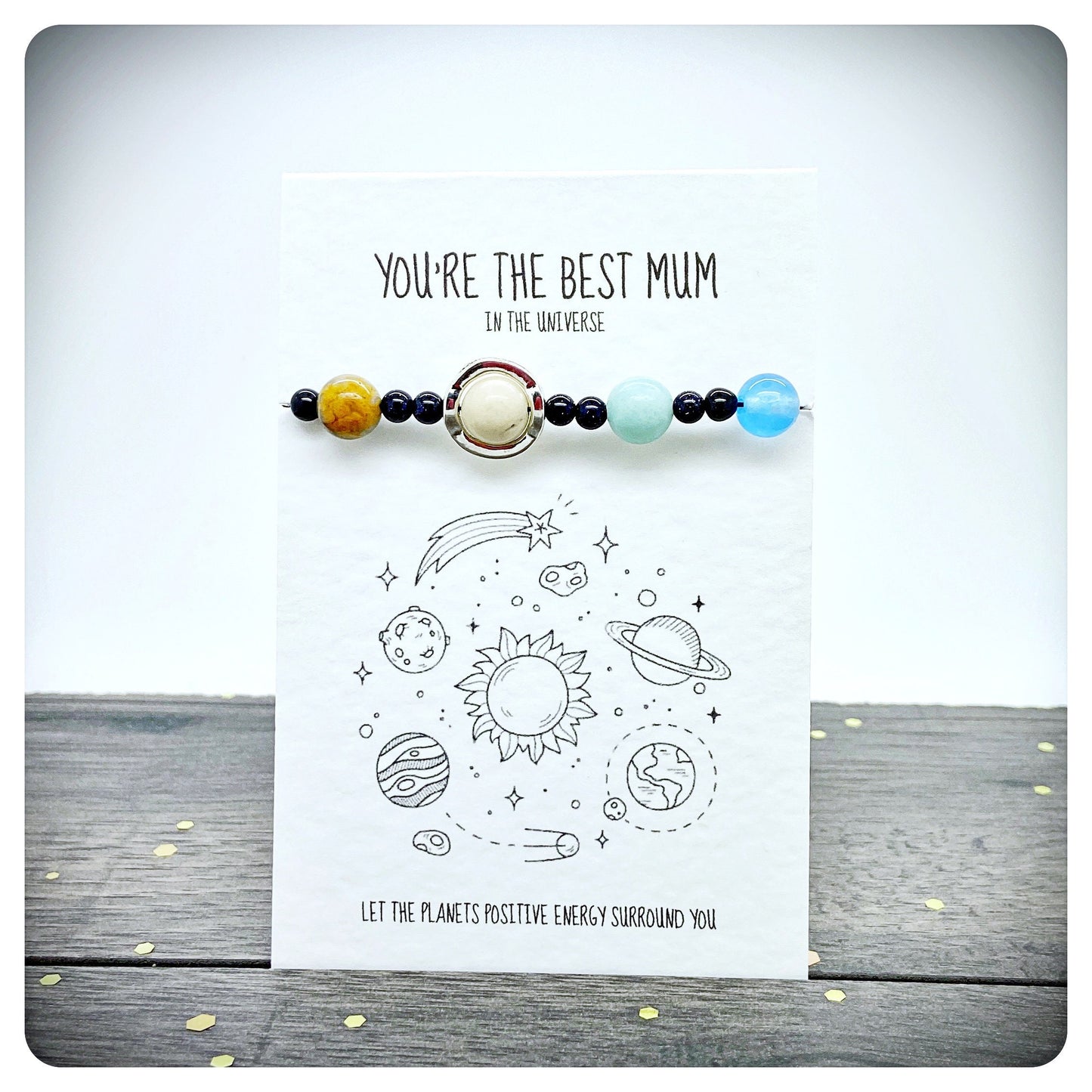 Best Mum In The Universe Card, Solar System Bracelet, Personalised Space Lover Mum, Handmade Unique Space Jewellery