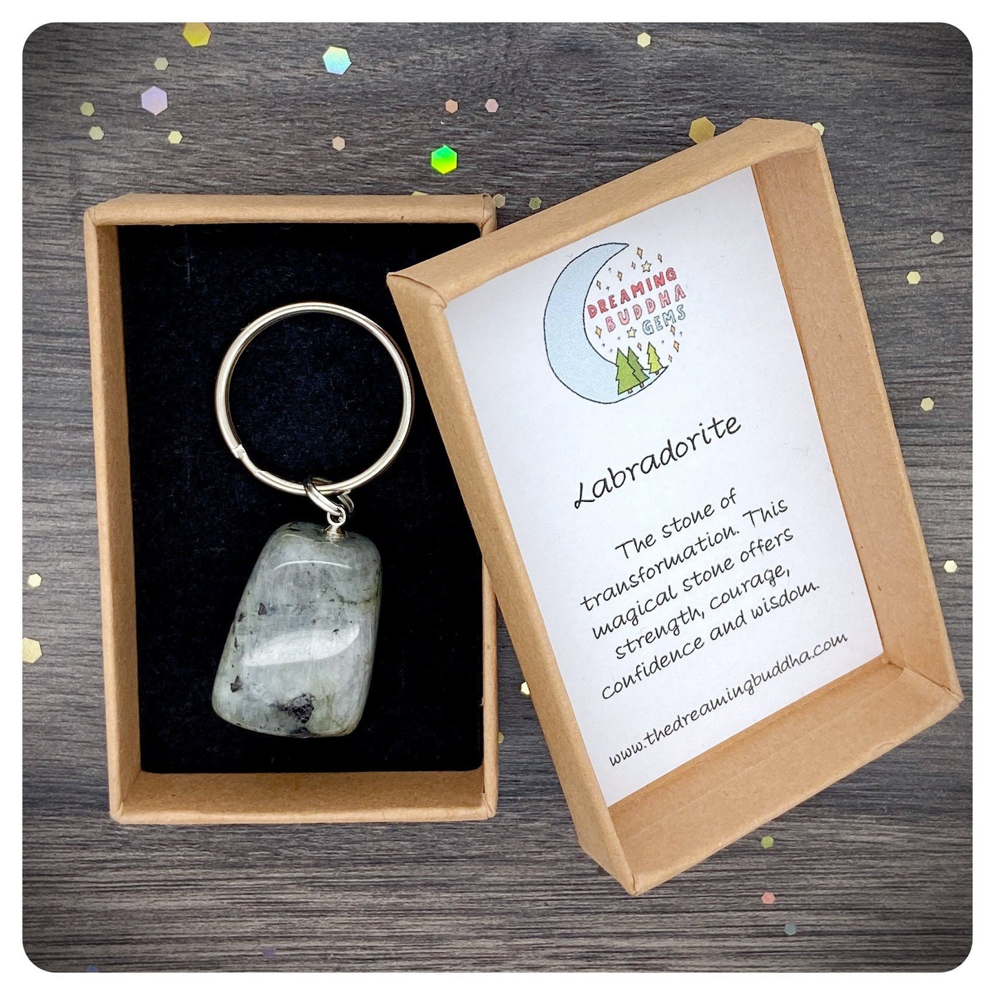 Labradorite Crystal Nugget Keyring, Personalised Determination Key Chain