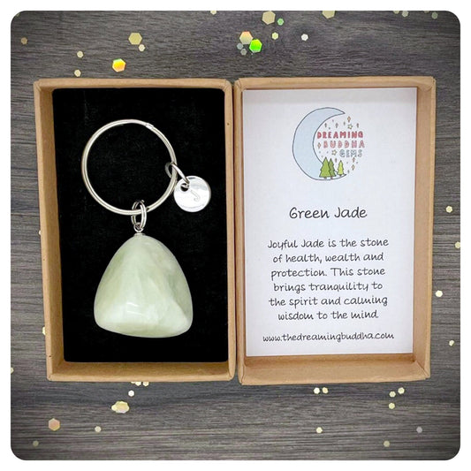 Green Jade Gemstone Keychain, Personalised Abundance Crystal Keyring