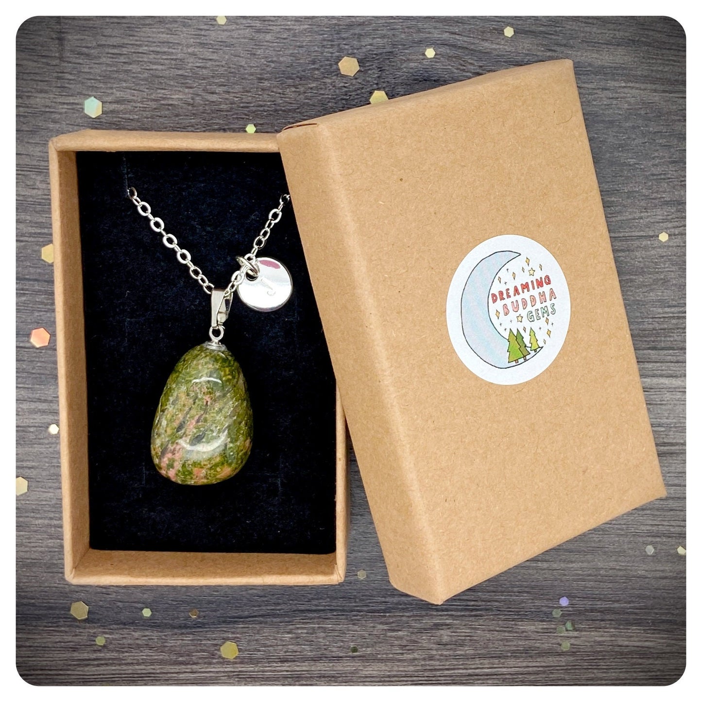 Unakite Crystal Initial Necklace, Natural Gemstone Jewellery