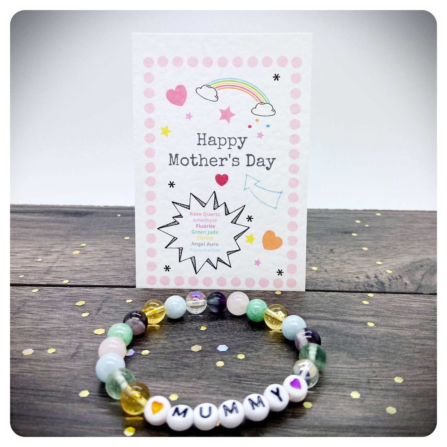 Happy Mothers Day Crystal Bracelet, Postal Gift For Mum, Personalised Gemstone Beaded Bracelet, Elasticated Gemstone Stretch Bracelet