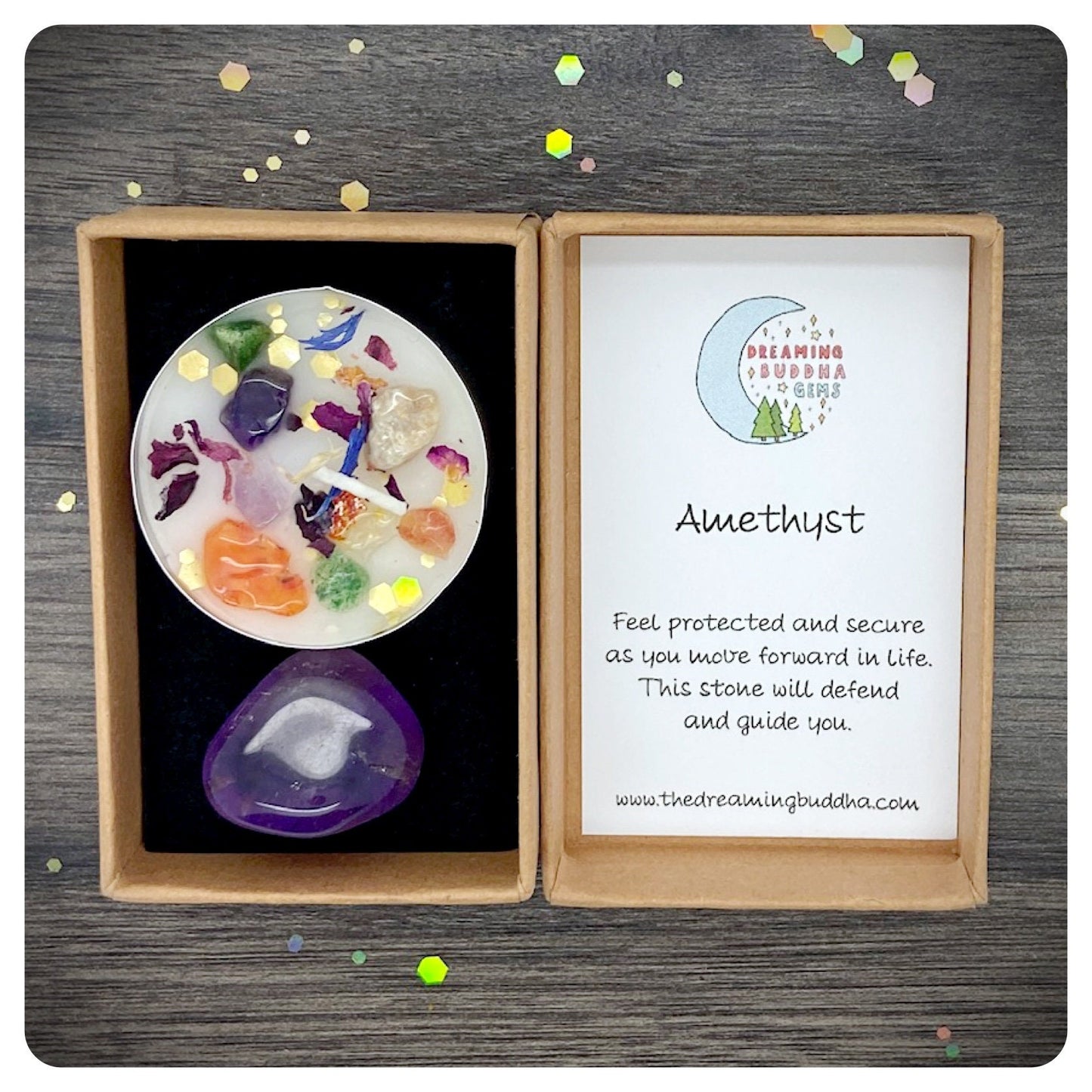 Purple Amethyst Gemstone & Healing Gift, Mixed Gemstone Tea Light