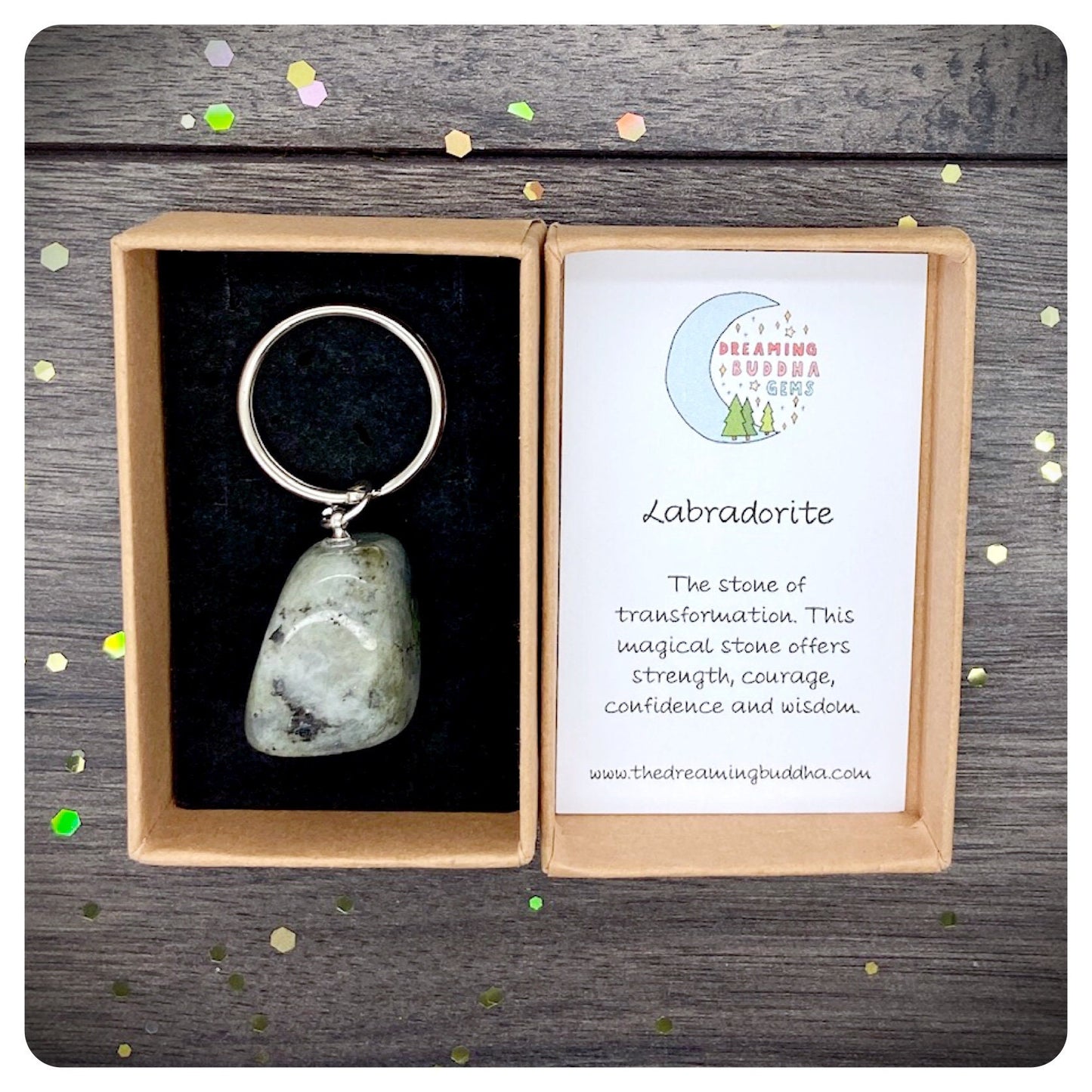 Labradorite Crystal Nugget Keyring, Personalised Determination Key Chain