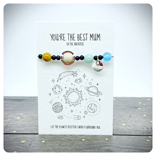 Best Mum In The Universe Card, Solar System Bracelet, Personalised Space Lover Mum, Handmade Unique Space Jewellery