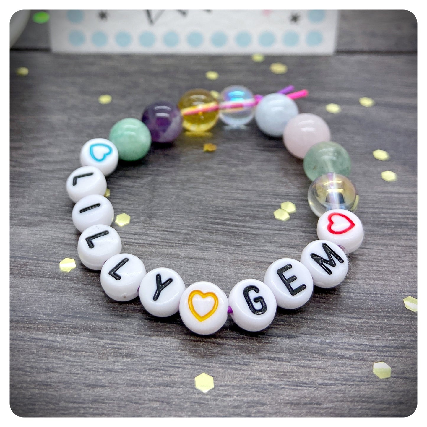 Childs Crystal Beaded Bracelet, Kids Gemstone Gift, Acrylic Beaded Name Bracelet