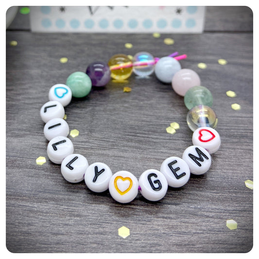 Childs Crystal Beaded Bracelet, Kids Gemstone Gift, Acrylic Beaded Name Bracelet