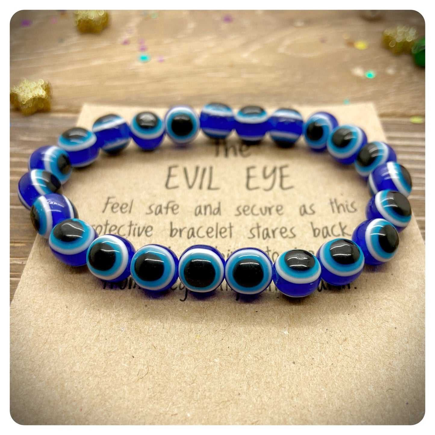 Custom Name Evil Eye Stretch Bracelet x 2, Nazar Acrylic Beaded Bracelets, Personalised Blue Turkish Protection