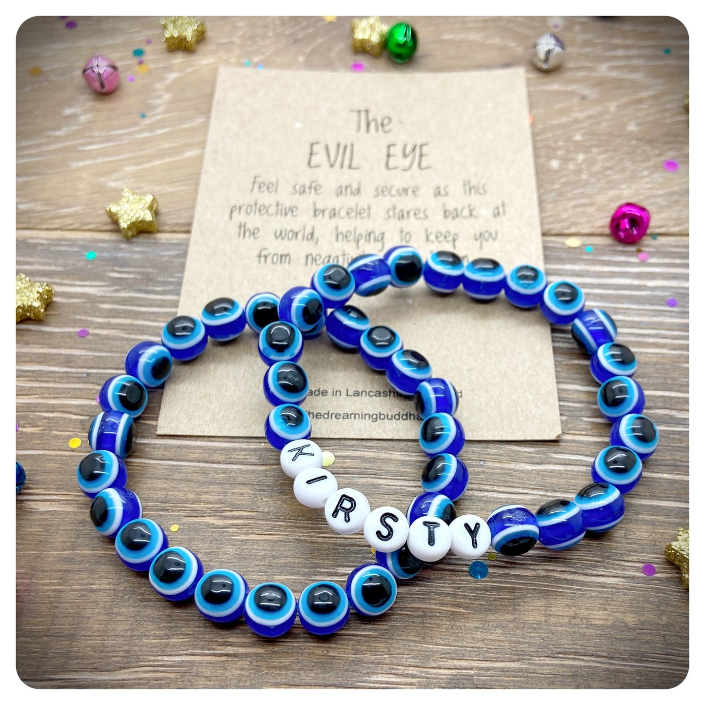 Custom Name Evil Eye Stretch Bracelet x 2, Nazar Acrylic Beaded Bracelets, Personalised Blue Turkish Protection