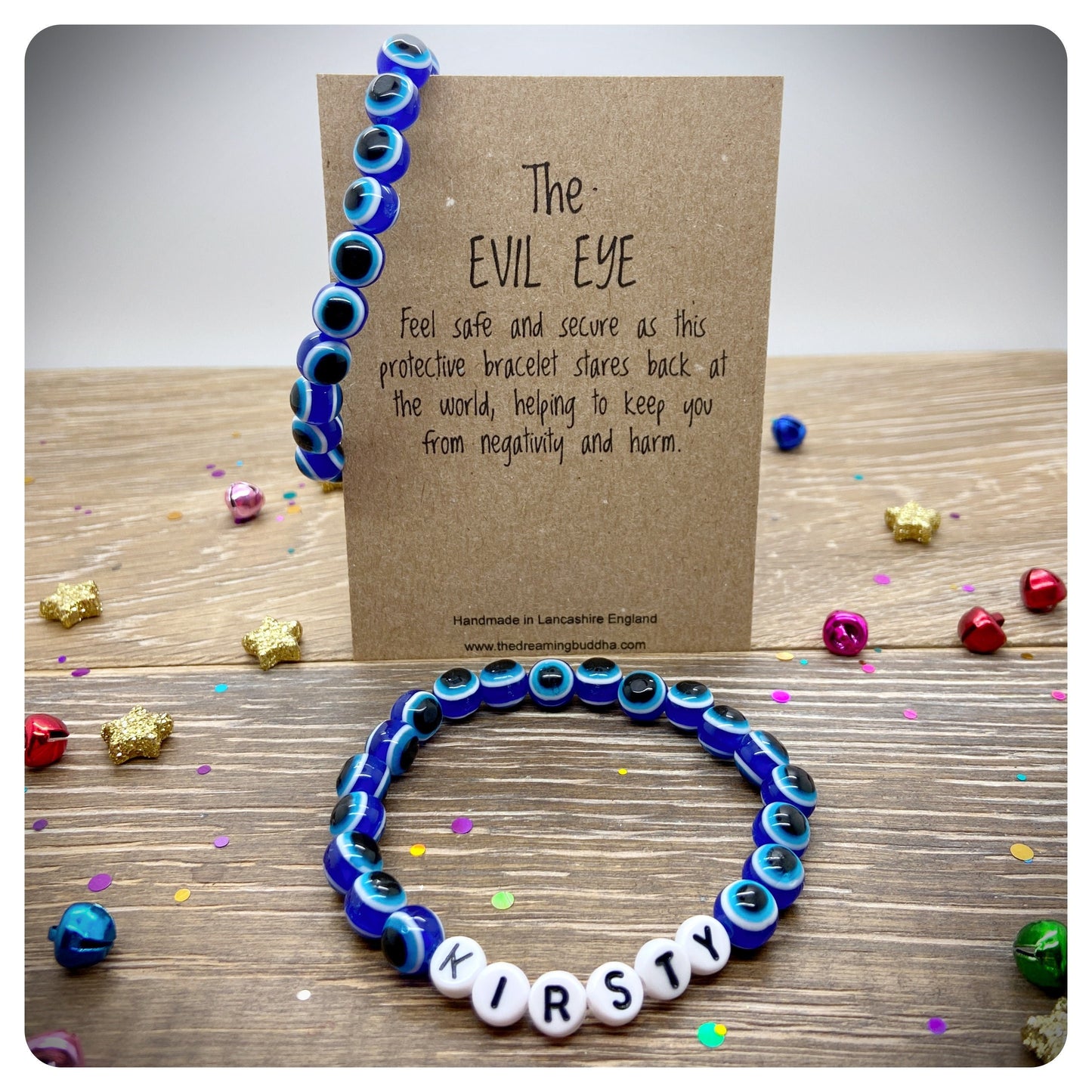 Custom Name Evil Eye Stretch Bracelet x 2, Nazar Acrylic Beaded Bracelets, Personalised Blue Turkish Protection