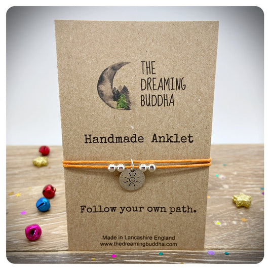 Handmade Sunshine Anklet, Sun Charm Anklet, Adjustable Anklet Sun Charm, Summer Lover Jewellery