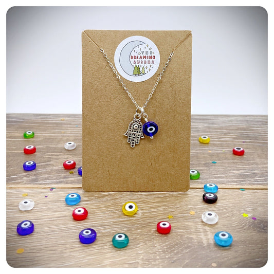 Hamsa Hand & Evil Eye Necklace, Greek Protection Jewellery, Turkish Good Luck Necklace